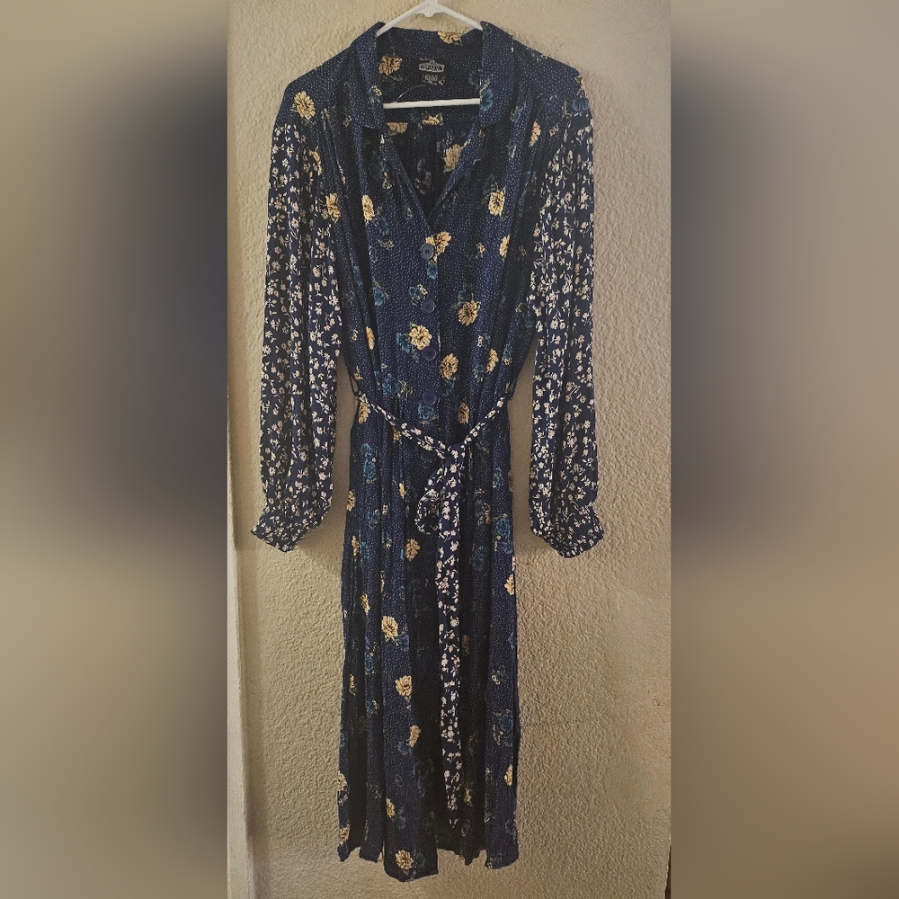 Angie Boutique Navy and Yellow Floral Long Sleeve Dress
